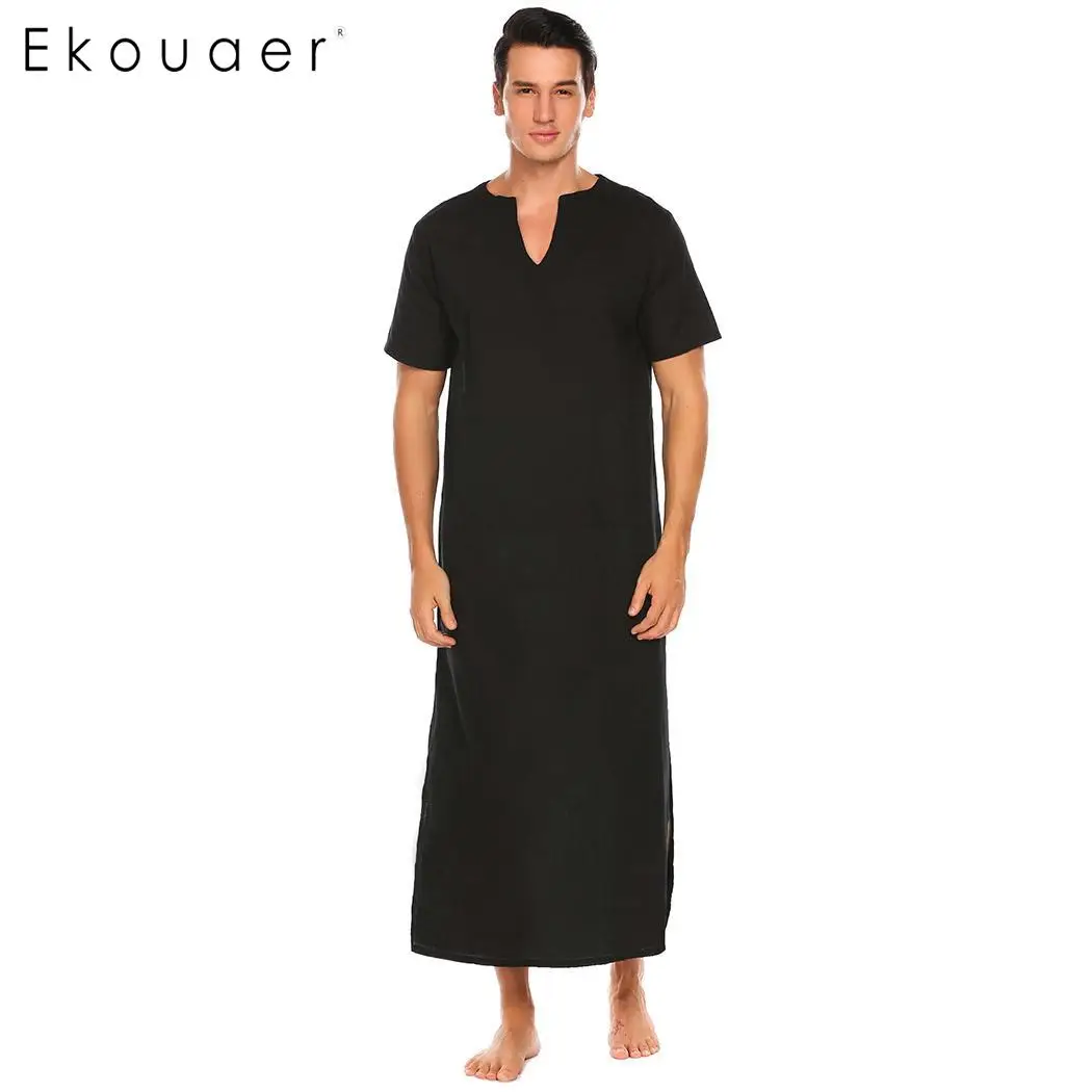 Ekouaer мужские рубашки из хлопка, пижамы с коротким рукавом, одноцветные, с разрезом по бокам, с вырезом, длинная Пижама, ночная рубашка, повседневная домашняя одежда