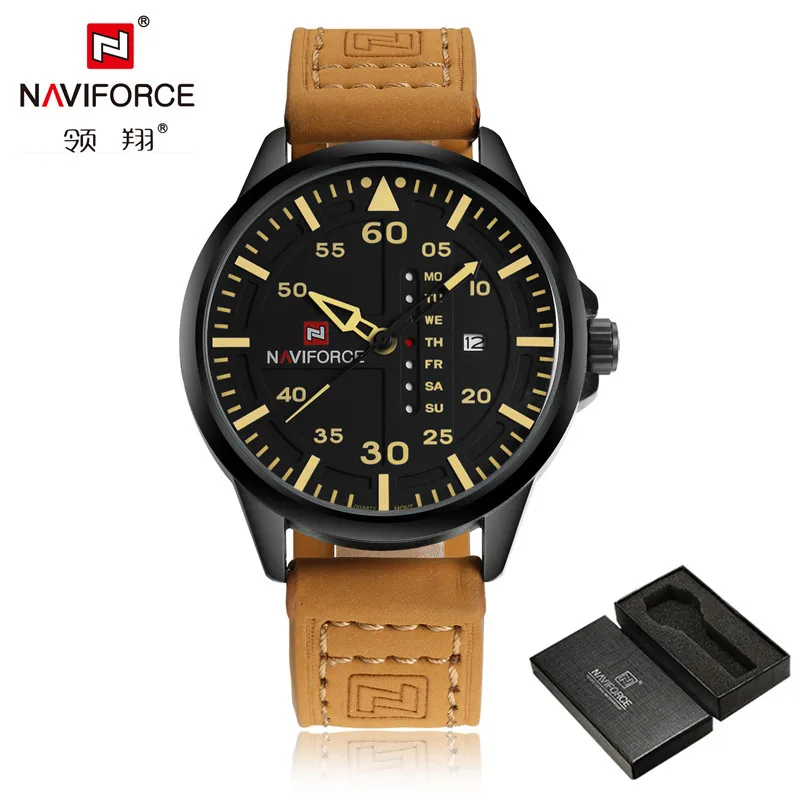 NA907401 with box NAVIFORCE мужские часы с датой недели, спортивные мужские часы, Топ бренд, Роскошные военные армейские деловые кварцевые мужские часы с кожаным ремешком, новинка 9074 - Цвет: NA907401 with box