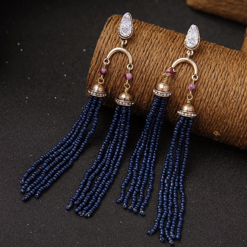 Этнические темно синие Бусины длинные сережки с кисточками для женщин 2019
