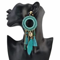 gypsy ethnic boho big woven rope long feather drop earrings fringe thread shell tassel earring turkish party festival jewelry