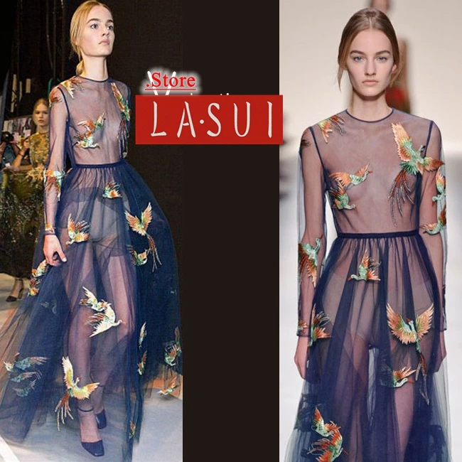 Женское вечернее платье с вышивкой Феникс темно синее Сетчатое облегающее