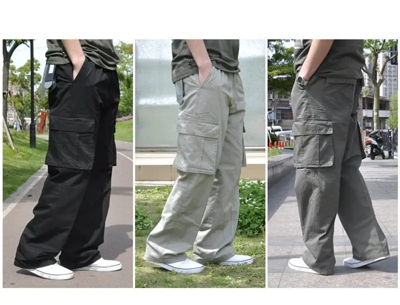 Мужские брюки-карго с карманами, большие размеры, 8XL, 9XL, 10XL, тянущиеся брюки, летние прямые брюки, хаки, черные, свободные, 42, 44, 46, 48