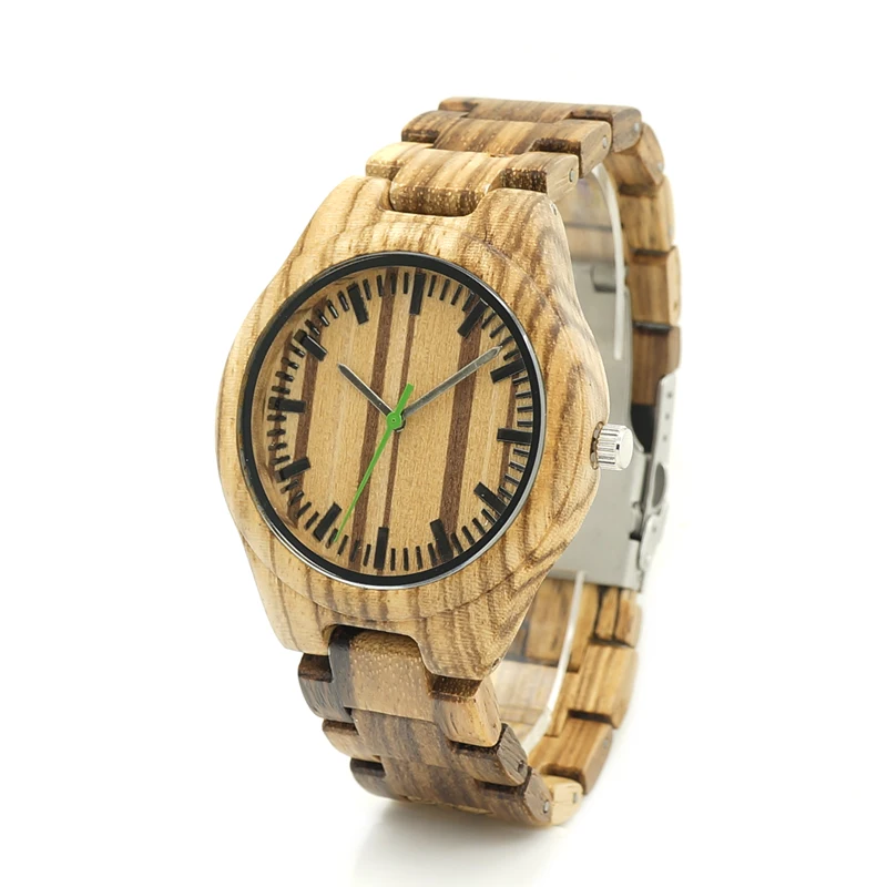 Бобо птица v-k28 Зебра древесины wristwant мужские Стиль дерево циферблат зеленый вторая рука кварцевые часы древесины/кожаный ремешок в подарочная коробка