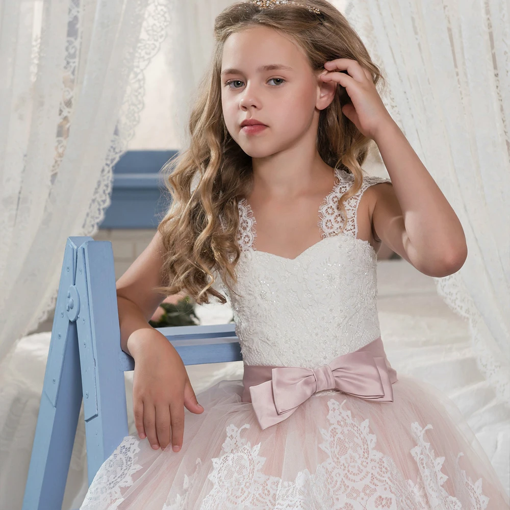 pink long party dresses for girls 2-12 years tulle ball gowns kids with bow lace flower wedding 2018 | Детская одежда и обувь