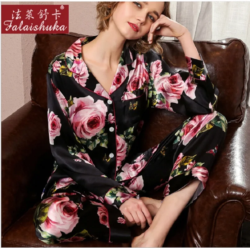 Silk Pajama Sets Pants Home Wear Plus Size Sexy Flower Print Two Piece Set Woman2019 Summer 100% Silk StainPajama Set Sleepwear