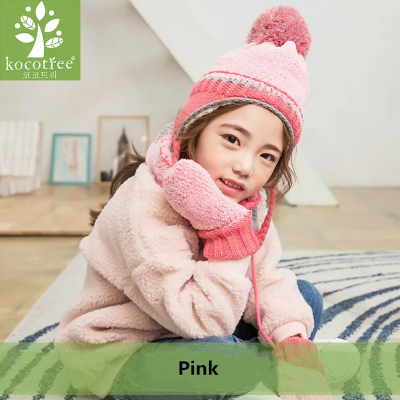 Pink Kocotree/зимняя шапка для детей, зимняя шапка, шарф, теплый шарф и шапка, перчатки, комплект для детей, шапка, шарф, комплект для девочек, Skullies Beanies - Цвет: Pink
