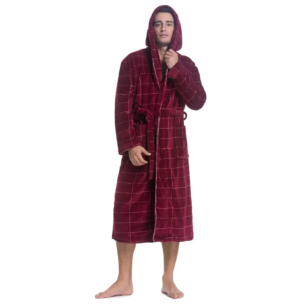Burgundy Plaid Lavenderi мужской Халат длинный с капюшоном халат кимоно длинный - Цвет: Burgundy Plaid