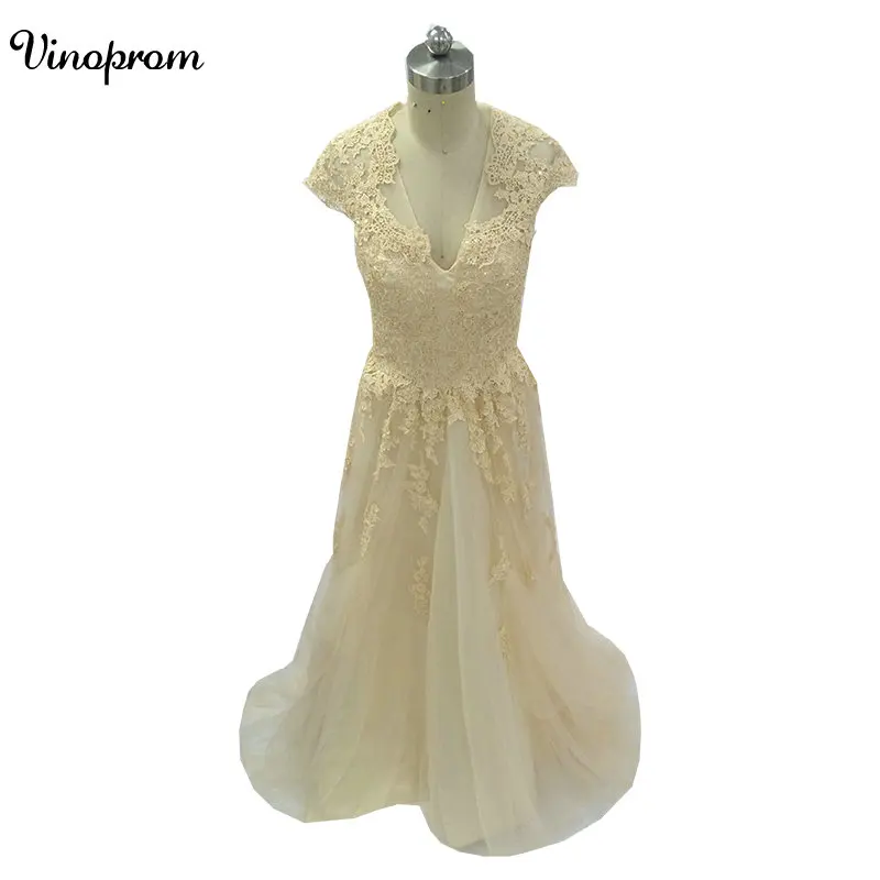 

Vintage Lace Wedding Dresses Champagne V-Neck Ruffles Bridal Gown Cap Sleeve Deep V neck Layered Lace Bridal Gowns
