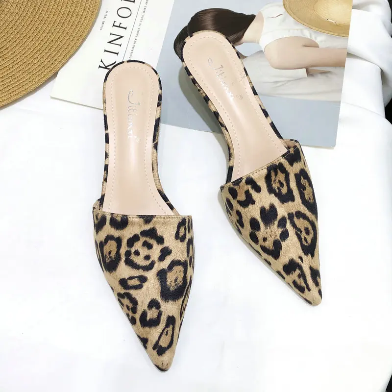 Leopard HTUUA/Новинка года; летние туфли; женские шлепанцы на тонком каблуке; леопардовые туфли без задника с острым носком; женские шлепанцы; женские сандалии; SX2595 - Цвет: Leopard