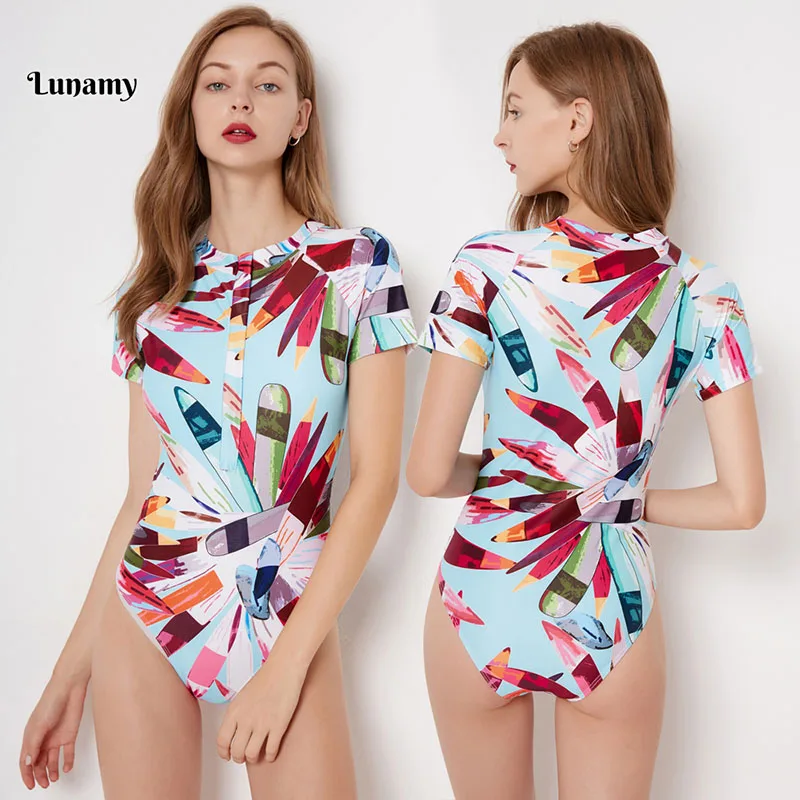 9055 Lunamy, S-2XL, короткий рукав, одежда для плавания, Цельный купальник, Женский сексуальный купальник, пляжная одежда, ретро принт, боди,, Цветочный купальник - Цвет: 9055