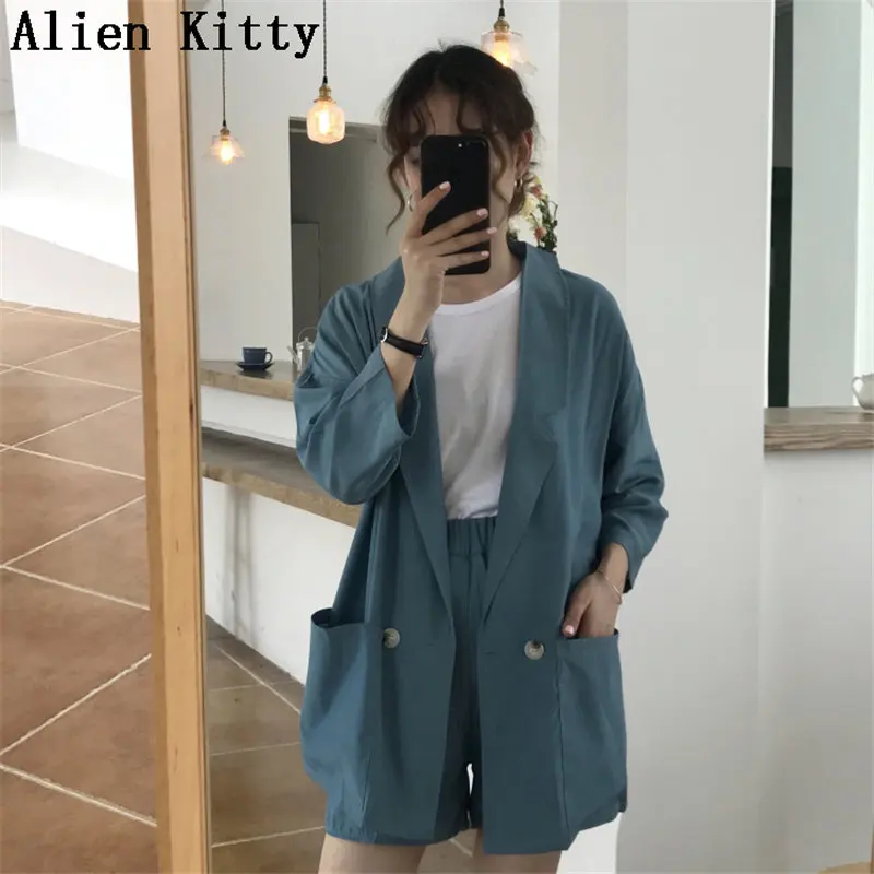 Осенний модный тонкий костюм Alien Kitty из двух предметов свободный однотонный топ и