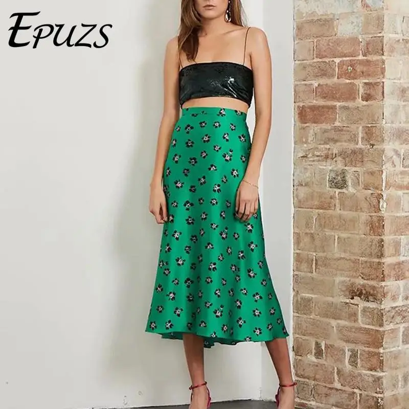 Винтажная зеленая юбка миди с цветочным принтом Женская высокой талией уличная в