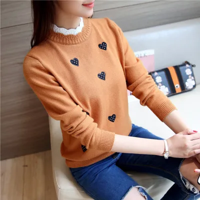 Autumn Women Sweaters Korean Wave O-neck Long Sleeve Pullovers Heart-shaped Embroidery Jumpers Sweet Girls Slim Knitted Clothing | Женская