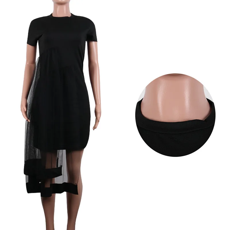 

Elegant Short Sleeve O-neck Soild Color Patchwork Irregular Gauze Dress 2019 New Arrival Summer Female Summer Dress Plus Size