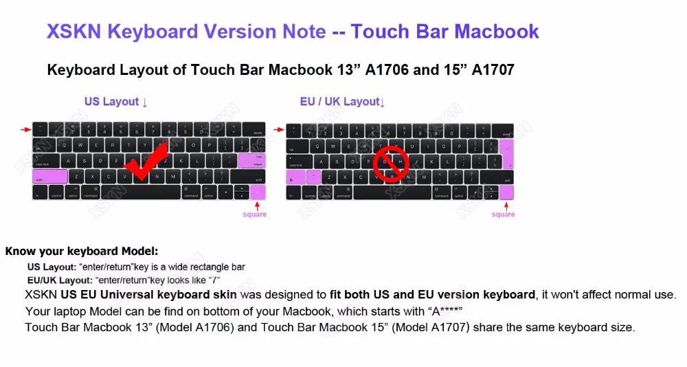 XSKN новейший испанский силиконовый чехол для клавиатуры TouchBar стикер для MacBook Pro 13(A1706 A1989) и для MacBook Pro 15(A1707 A1990