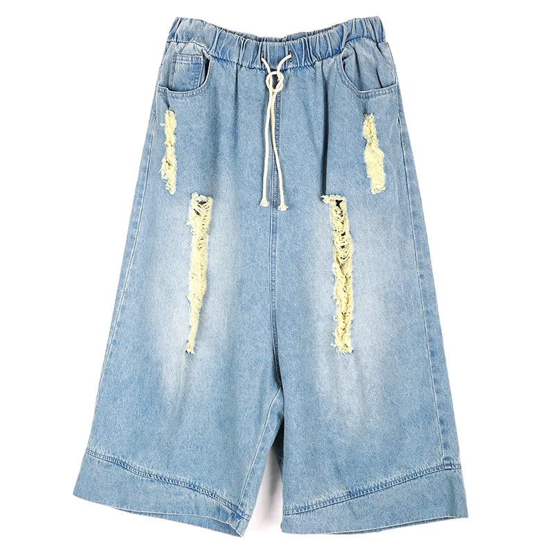 [LONGDENG] 2018 High Elastic Waist Light Blue Denim Holes Plus Size Women Wide Leg Pants Jeans Casual Trousers Fashion 18-3151 | Женская