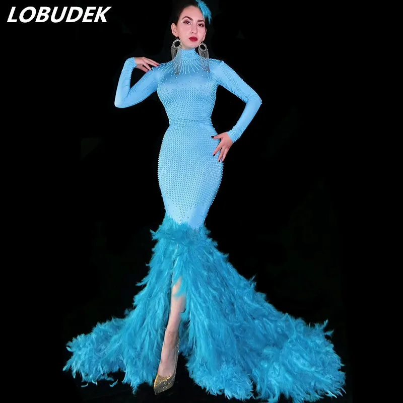 

Женское платье-Русалка со звездами и хвостом, вечернее платье с синими перьями, платье с юбкой годе для ведущей сцены, платье со шлейфом