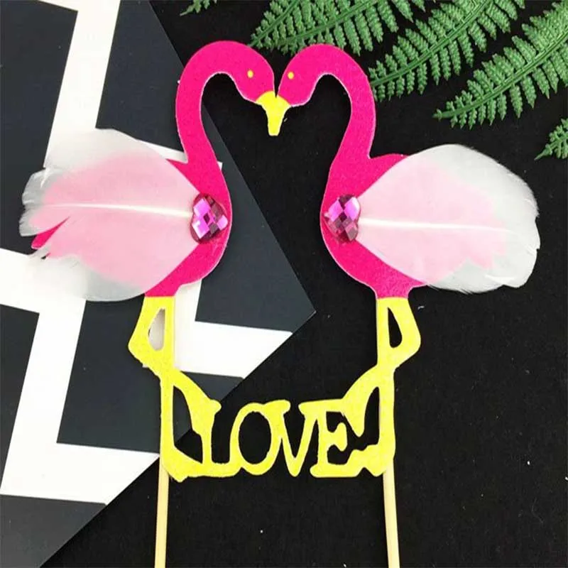 

1pc Flamingo Diamonds Feathers Cake Topper Valentine's Day Wedding Decoration Anniversaire Happy Birthday Gifts Party Supplies