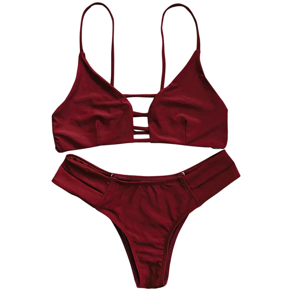 Burgundy ZAFUL Бикини токние Ремни Бикини Сексуальный сплошной женский купальник Push Up Купальник с низкой талией Купальники Бикини - Цвет: Burgundy