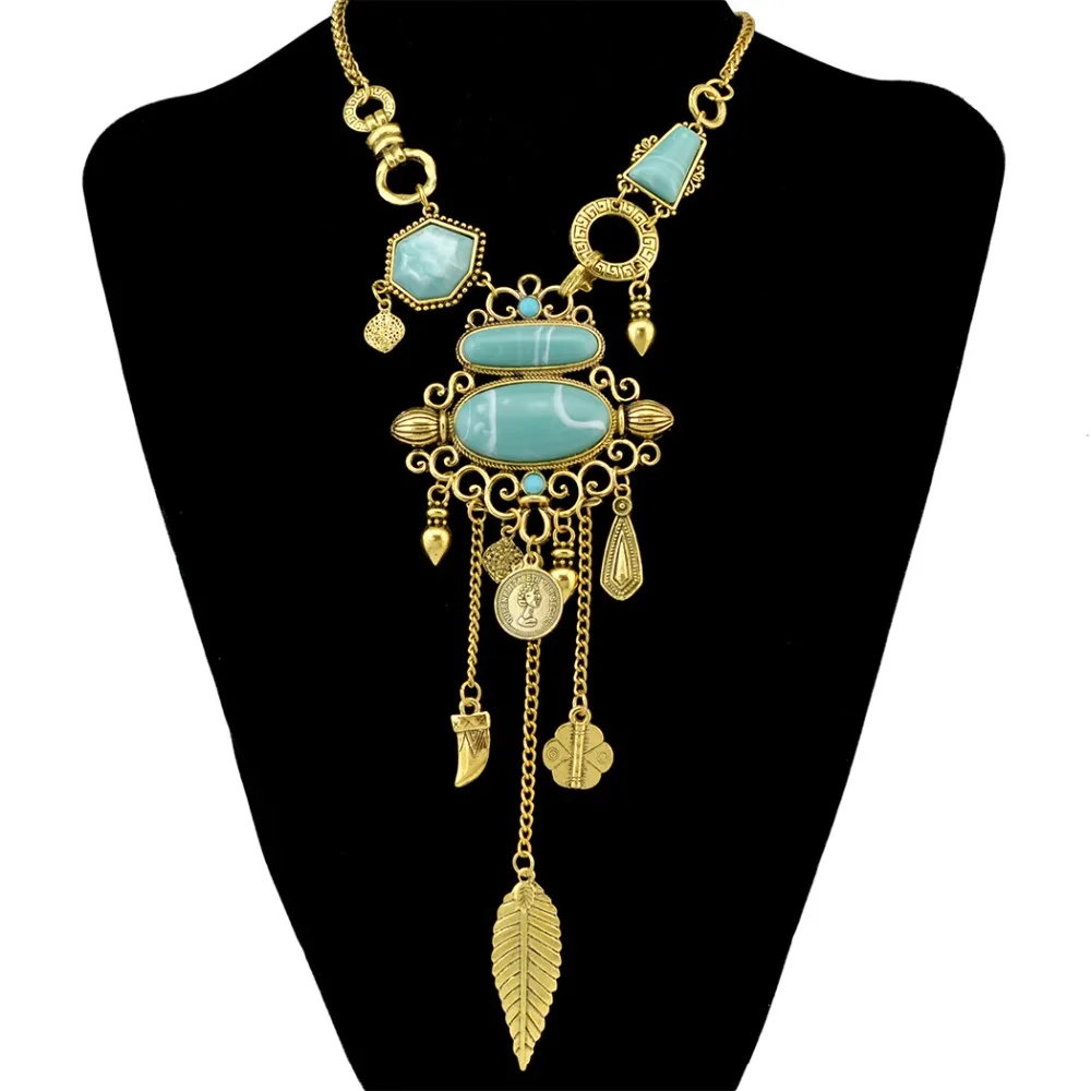 Bohemian Collier Femme Tassel Maxi Coin Neck Chain Turkish Green Stone Pendant Women Bib Collar Statement Necklac Gypsy Jewelry