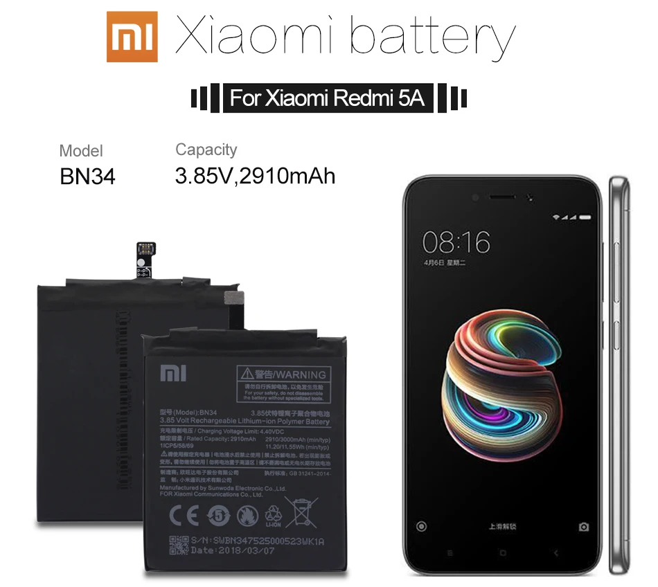 Сменный аккумулятор для телефона Xiao mi BN34, 2910 мА/ч, высокая емкость для Xiao mi Red mi 5A 5,"+ Бесплатные инструменты