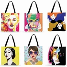 Американский рисунок в стиле поп-арт, сумка-тоут для женщин, Монро и Хепберн, Повседневная Складная сумка для покупок, льняная тканевая уличная пляжная сумка