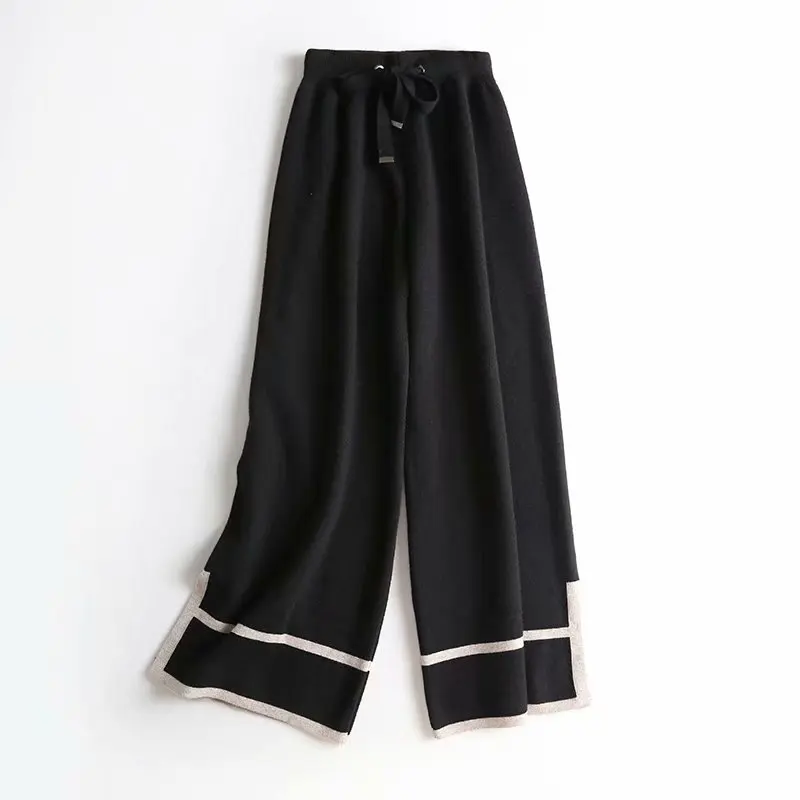 black KZ789 женские короткие шнурок талии трикотажные широкие брюки Дамы Полосатый деко свитер брюки - Цвет: black