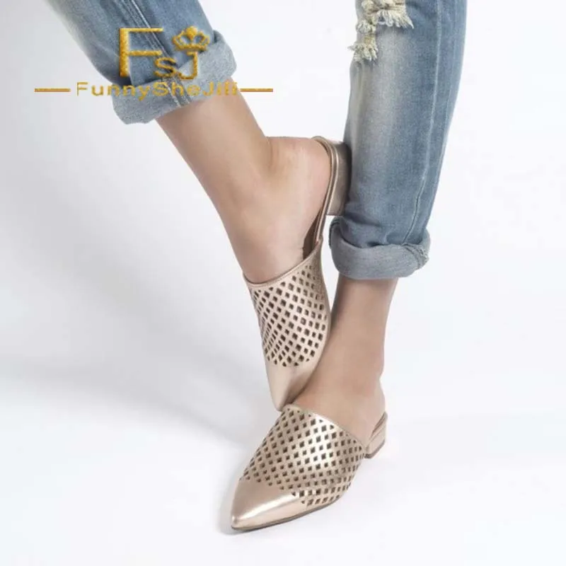 

Gold Hollow out Mule Pointy Toe Flat Sandals Spring Autumn Anniversary Black Friday Fashion Attractive Incomparable Slippers FSJ