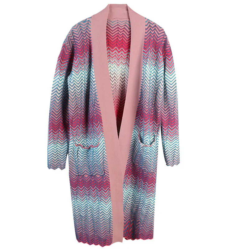 GRUIICEEN long autumn striped pattern cardigan coat women open stitch knitting sweater with pockets GY201964 |