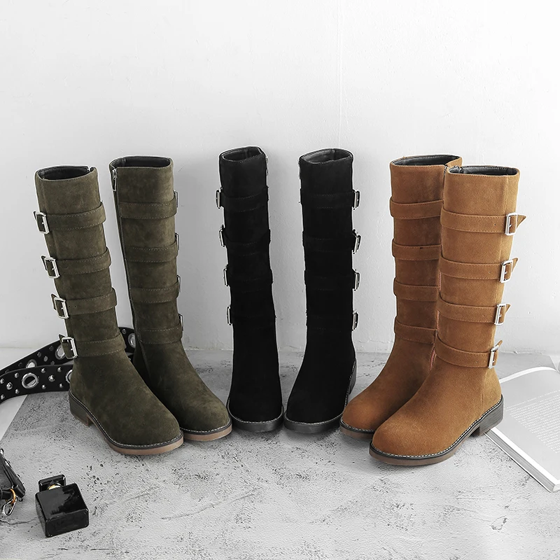 

Sexy Thigh High Boots Women Buckle Straps Punk Motorcycle Boots Round Toe Knee High Boots Winter Shoes For Women Plus Size 34-43