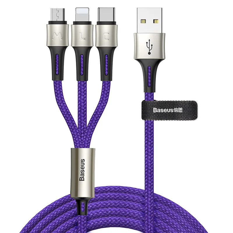Фиолетовый Usb-кабель Baseus 3 в 1 для iPhone Xs Max XR, кабель для быстрой зарядки, кабель USB type-C для Xiaomi Redmi Note 7 Pro, кабель Micro usb - Цвет: Фиолетовый
