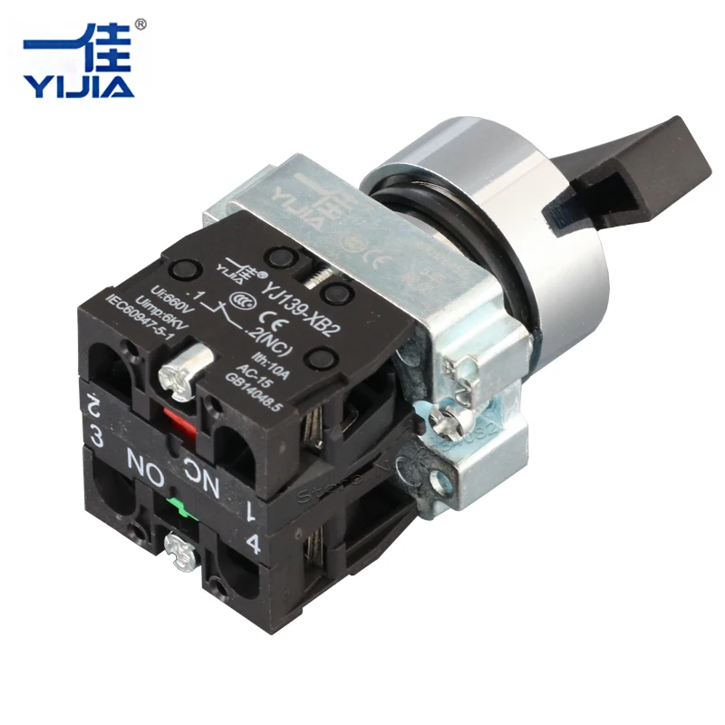 Селекторный переключатель на кнопке с длинной ручкой, самозащелкивающийся, с серебряными контактами, 22 мм, с позициями ON/OFF, 1NO1NC, 2 положения, артикул XB2-11XB/21.