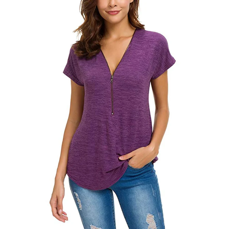 

Newly Women T-Shirt Solid Color Loose V Neck Front Zipper Short Sleeve Tops for Summer VK-ING
