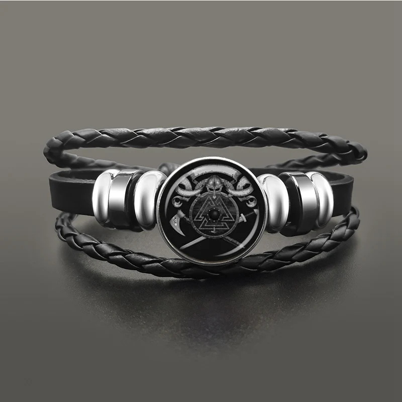 Viking Compass Multilayer Beads Snap Button Bracelet Men Fashion Braided Leather Bracelets Bangles Retro Punk Wrap Wristband