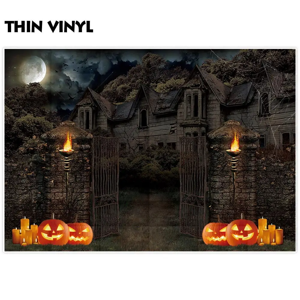 Allenjoy photographic background Halloween pumpkin candle night vintage moon iron castle gate photography backdrop photobooth |