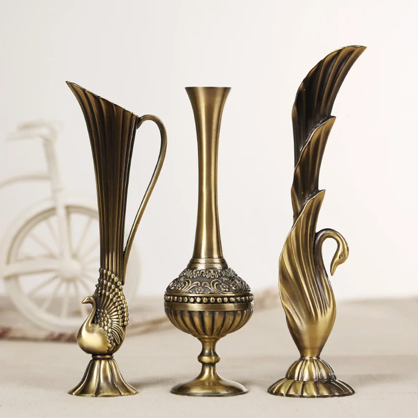 

European Vintage Home Decoration Metal Vase Retro Art Craft Wedding Decor Tabletop Ornaments Flower Vases Antique Classic