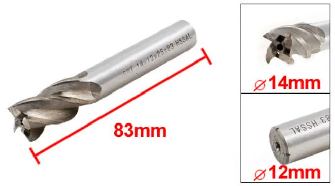 

HSS-AL Milling Cutter Tool Straight End Mill 14mm x 12mm x 26mm x 83mm 4 Flute