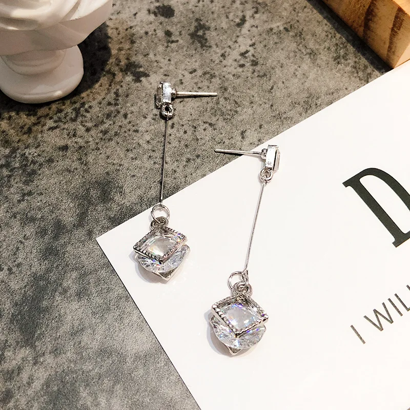 

Korean Style CZ Zircon Geometric Drop Earrings Square Round cubic zirconia Pendant Long Earrings Office Wedding Party Jewelry