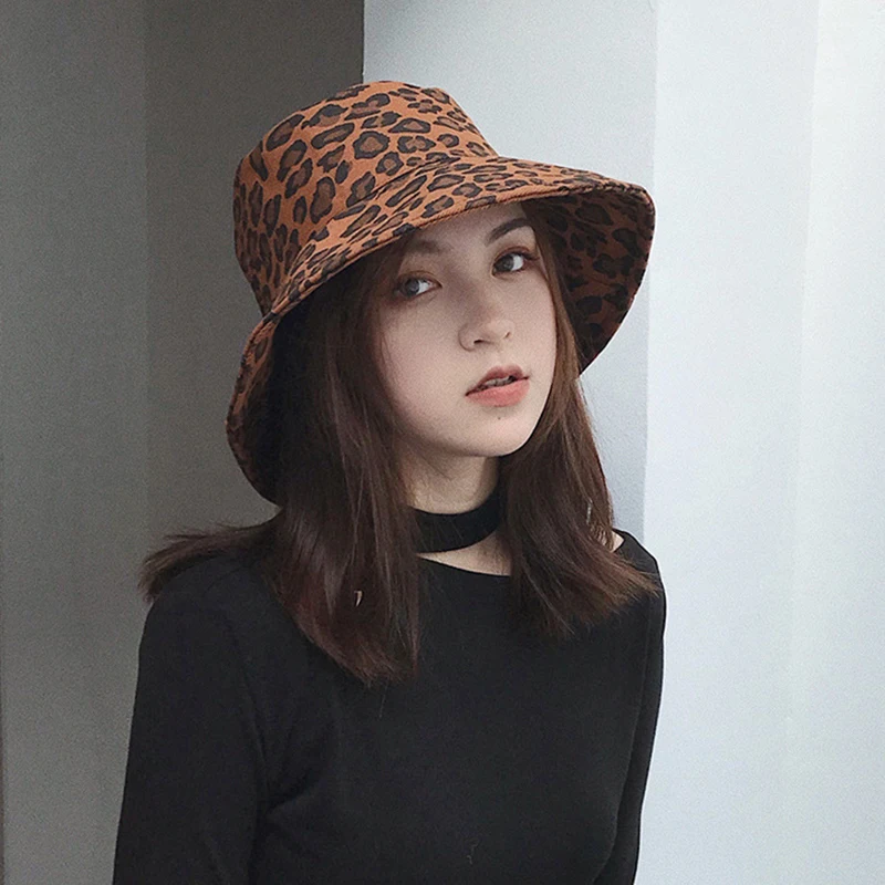 

New fashion simple casual temperament cap warm outdoor cap women girls leopard print comfortable soft cute vintage bucket hats