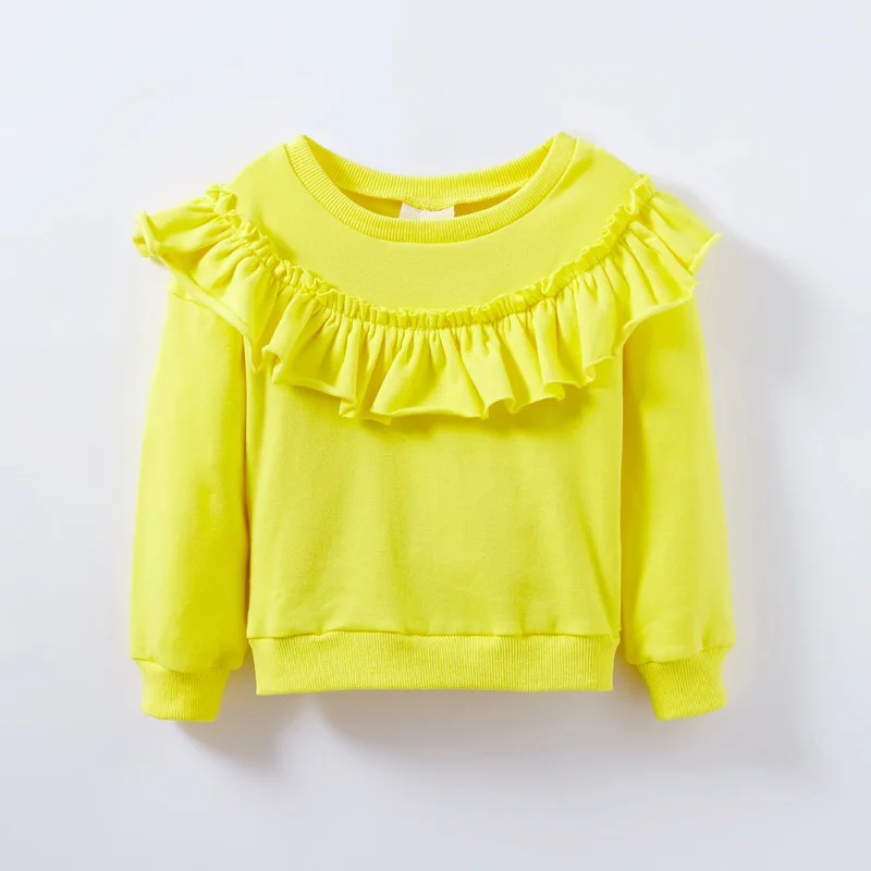 yellow Новая Стильная хлопковая футболка для девочек топы с длинными рукавами, Осенние свитшоты для маленьких девочек Дизайнерская футболка с оборками для маленьких девочек, DQ675 - Цвет: yellow