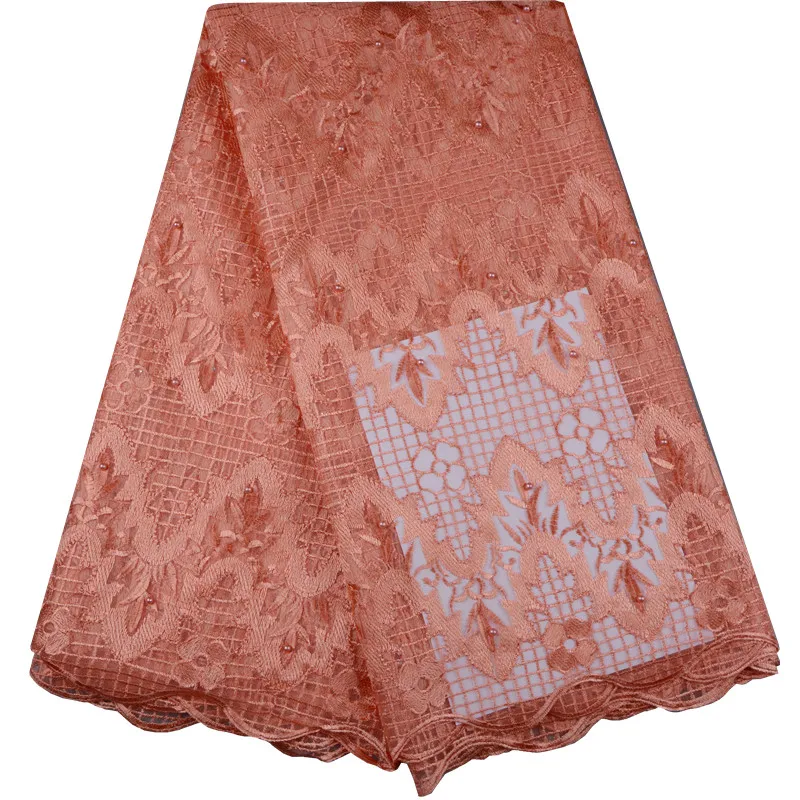 Персиковая цветная французская кружевная ткань Высококачественная Тюлевая