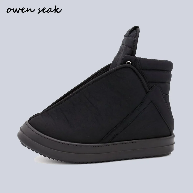 comprar Owen Seak Mulheres Tecido De Algodão Sapatos De Alta-TOP Ankle Boots Inverno Botas De Formadores De Luxo Lace Up Casual Marca Flats Zip Sapatos Pretos