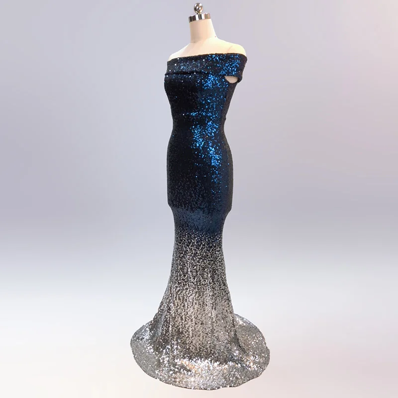 Роскошное синее и серебряное градиентное платье с блестками вырезом лодочкой