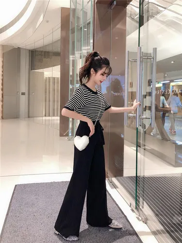 Женский трикотажный свитер с коротким рукавом длинные штаны в полоску