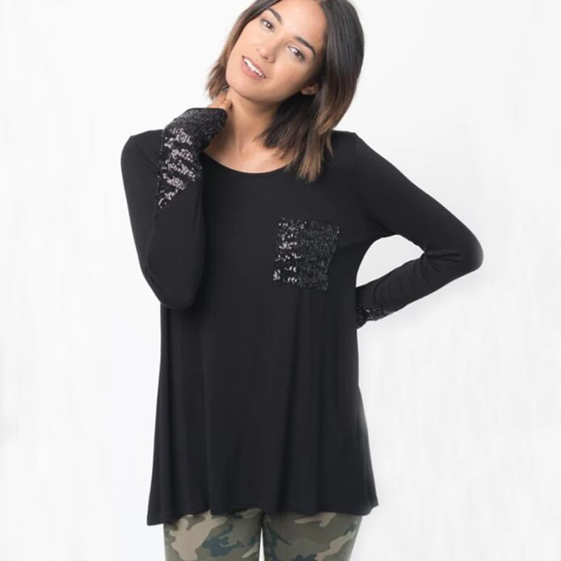 Новые осенние Для женщин карманов блесток футболки Мода хлопок женский с длинным