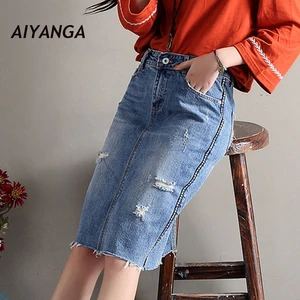Женские джинсы с дырками, весенние сексуальные юбки с высокой талией, юбки джинсовые с разрезом