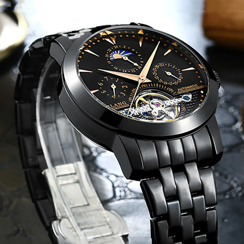 Классические мужские часы Tourbillon полностью Стальные наручные с автоподзаводом