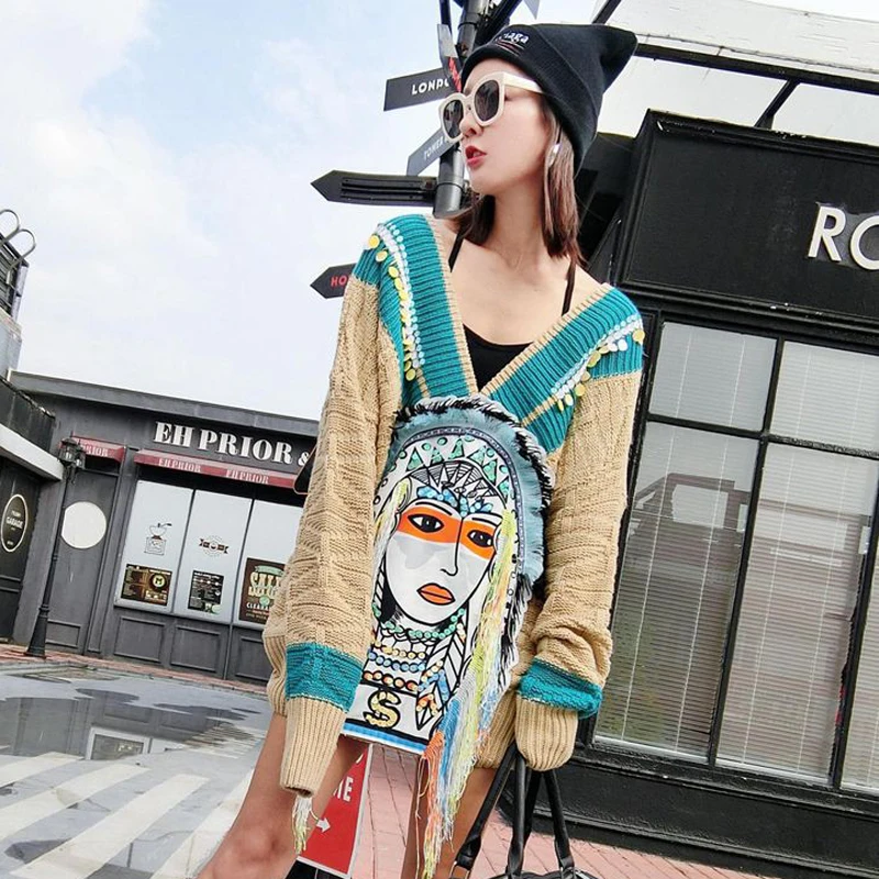 Thai Tide brand 2020 autumn and winter beaded tassel Indian face V-neck loose large size long thick women's sweater women | Женская