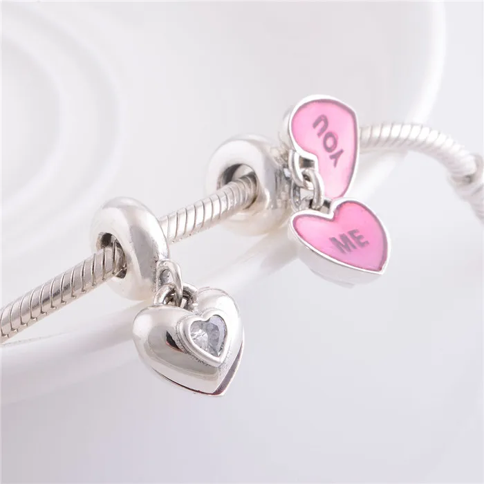 

925 Sterling Silver "YOU And ME" Pink Heart-Shaped Charms Beads Women DIY Jewelry Fit Silver Charm Bracelets For Women & Men