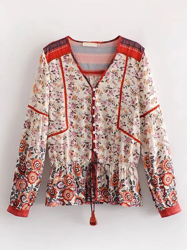 

Women Boho Blouses Long Sleeve V Neck Drawstring Printed Casual Top for women
